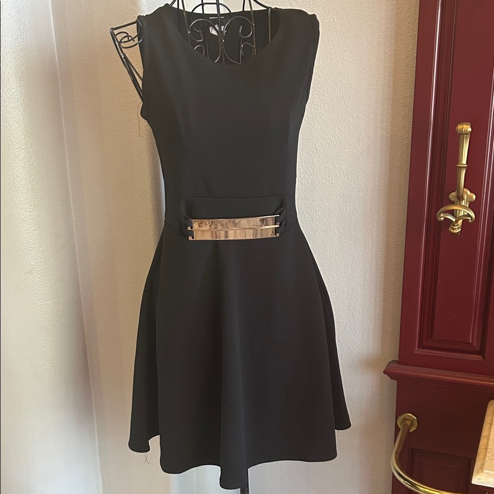 Black Dress with Metal belt Accent Skater Dress